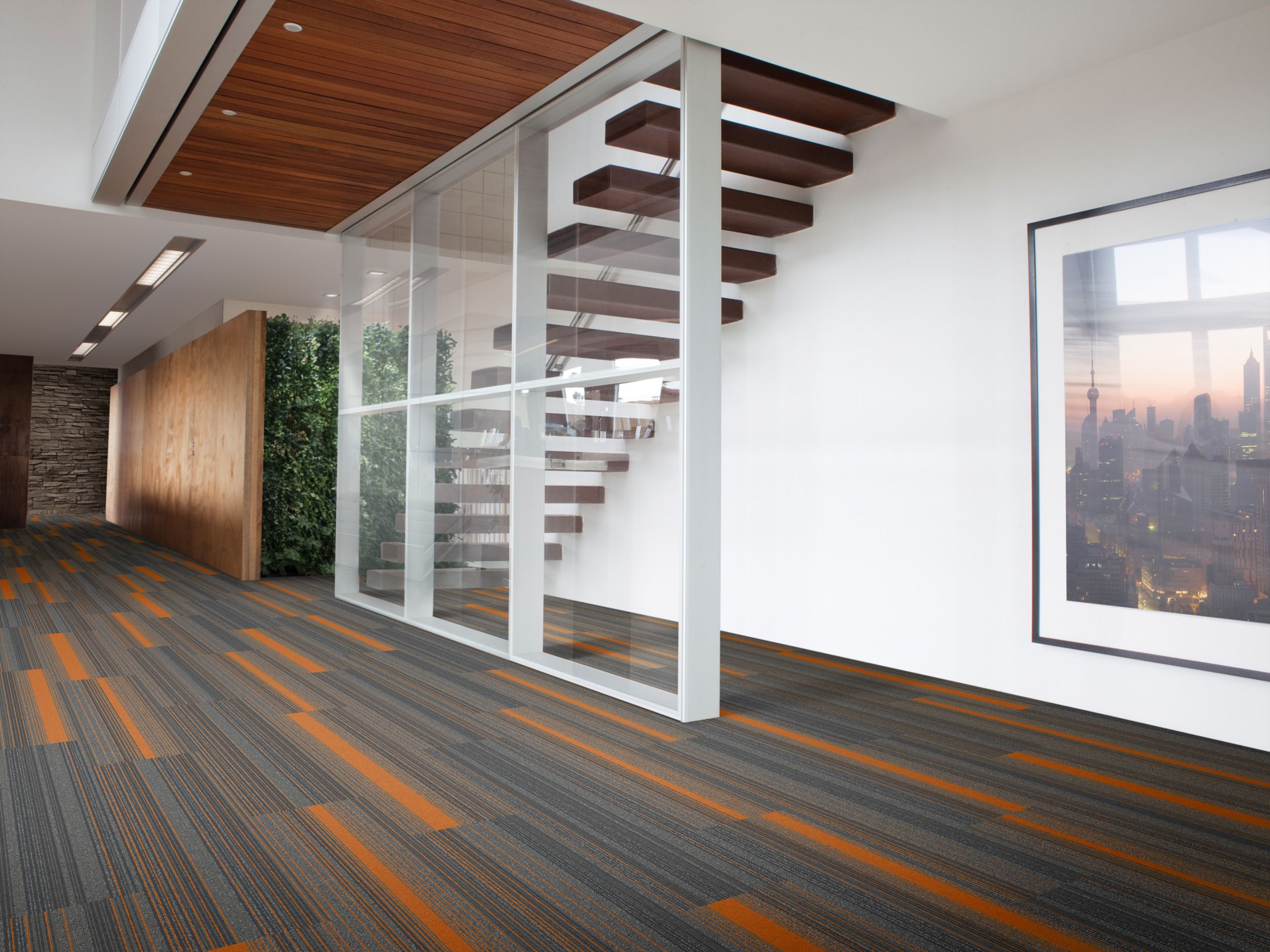 Interface SS218 plank carpet tile under a stairwell image number 1